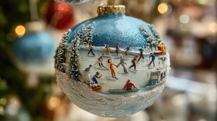 Beautifully crafted Christmas ornament depicting a winter ice skating scene with vibrant colors, capturing the joy of the holiday season in intricate detail and charm.