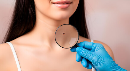 Dermatologist examining a mole on a woman's neck with a magnifying glass