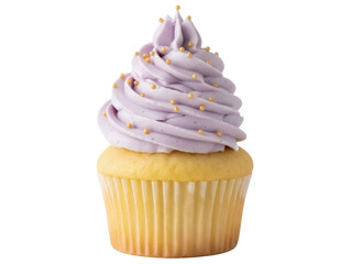 Isolated cupcake with lavender frosting and golden sprinkles, single confectionery treat
