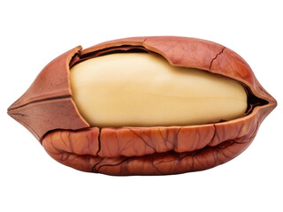 Isolated pecan nut split open showing nutmeat, a tasty snack to eat, raw or cooked, for dessert