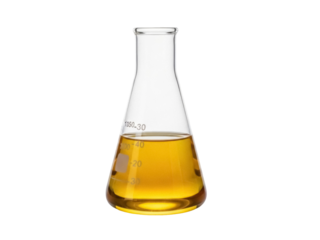 Isolated Erlenmeyer flask with golden liquid laboratory measurement against plain backdrop