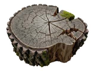 Isolated tree stump, fallen deciduous tree, rough bark, visible growth rings, mossy surface