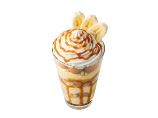 Isolated banana pudding parfait with whipped cream and caramel sauce for dessert snack