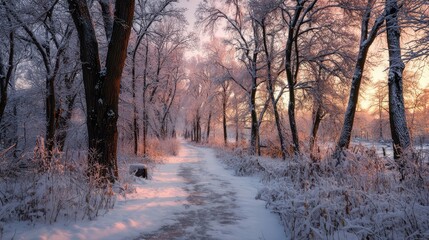 Serene Winter Landscape with Snow-Covered Trees and Frozen Pathway at Sunset Illuminating the Snowy Scene with Warm Hues and Frosty Details in a Tranquil Nature Setting