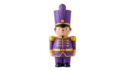 Isolated purple and gold toy soldier, festive decorative figurine, Christmas ornament