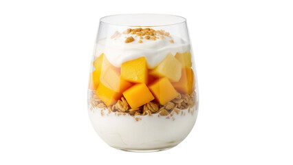 Isolated Mango Yogurt Parfait in Glass, Healthy Breakfast, Tropical Dessert, Granola Topping