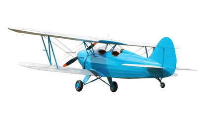 Isolated Light-Blue Biplane with Twin Open Cockpit and Rotating Propeller Blades in Flight