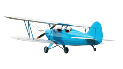 Isolated Light-Blue Biplane with Twin Open Cockpit and Rotating Propeller Blades in Flight