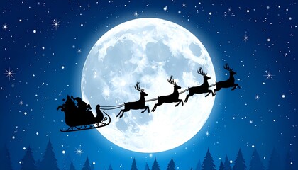 Naklejka premium Santa Sleigh Silhouette Against Full Moon