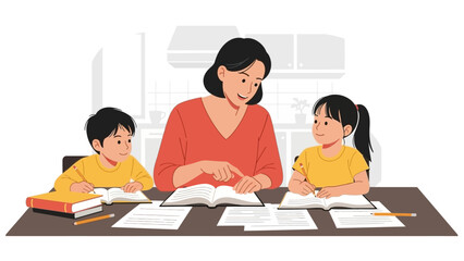 A heartwarming flat design illustration showing a parent patiently assisting their child with homework at a kitchen table, fostering a supportive learning environment. 