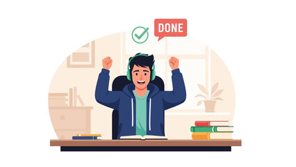 An uplifting flat design illustration showing a happy student joyfully celebrating the successful completion of their homework or study task at their home desk. 