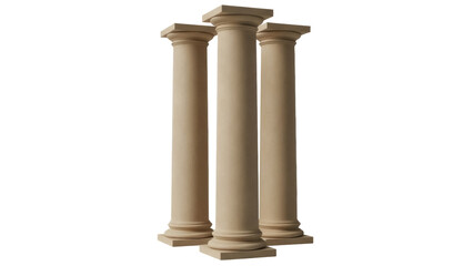 Isolated trio of tan architectural columns in a neoclassical style, construction concept