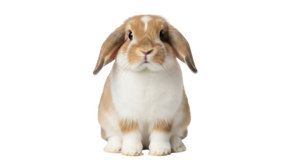 Isolated tan and white lop-eared rabbit sitting, looking directly at the camera, cute pet
