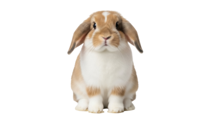 Isolated tan and white lop-eared rabbit sitting, looking directly at the camera, cute pet