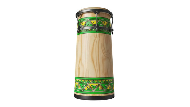 Isolated single drum, slender-conical body, head and hardware, tribal decoration and ornaments