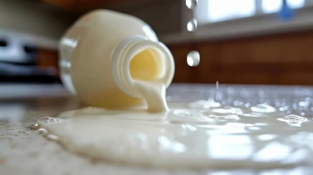 Spilled milk on kitchen counter with splashing droplets in warm light