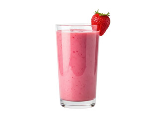 Isolated strawberry smoothie with a single strawberry perched on the rim of the glass mug