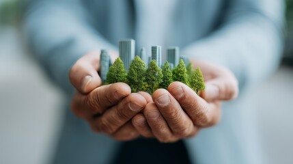 Symbolizing environmental care, hands gently hold a miniature cityscape integrated with lush greenery, merging urban life and nature.