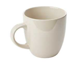 Isolated beige coffee mug, a plain teacup with handle, ceramic drinkware, simple design