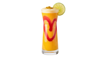 Isolated tropical mango smoothie with passion fruit and a lime wheel decoration on glass