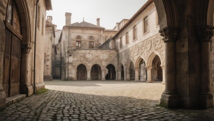 Fototapeta premium Ancient Cobblestone Courtyard of a Historic European Building.