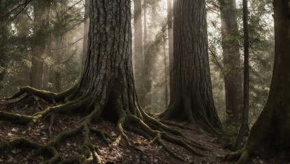 Fototapeta premium Ancient Forest Roots Sunlight Rays Majestic Trees.