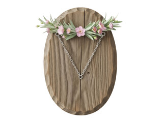Isolated wooden decorative wall hanging with floral ornamentation and chain, no background