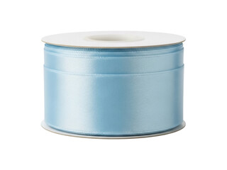 Isolated roll of baby blue ribbon on a spool for gift wrapping and decorative crafting