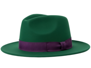 Isolated classic green fedora hat with purple ribbon, stylish men's headwear fashion item