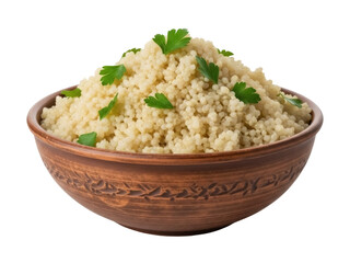 Isolated bowl of couscous with fresh parsley, Mediterranean dish, healthy light meal