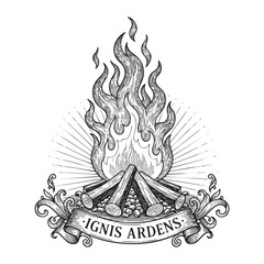 Vintage Campfire Illustration with Ignis Ardens Banner