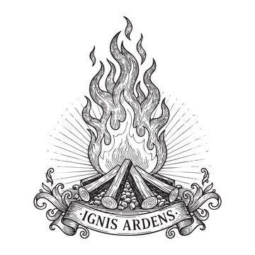 Vintage Campfire Illustration with Ignis Ardens Banner