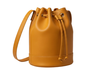 Isolated mustard-yellow drawstring leather bucket bag, with round bottom and a shoulder strap, no background