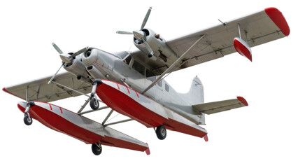 Isolated two-engine seaplane, red and silver, ascending into the sky, ready for takeoff
