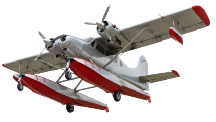 Isolated two-engine seaplane, red and silver, ascending into the sky, ready for takeoff