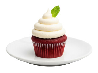 Isolated delicious red velvet cupcake dessert with mint and cream cheese frosting topping