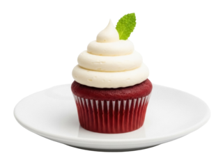 Isolated delicious red velvet cupcake dessert with mint and cream cheese frosting topping