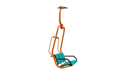 Isolated teal seat of a vacant ski lift with orange frame is against a bright neutral backdrop