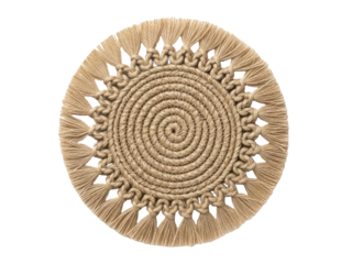 Isolated round jute placemat with fringe, handcrafted decorative table mat, neutral design