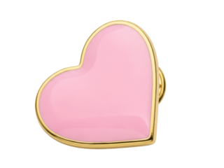 Isolated heart-shaped enamel pin badge with golden frame and pastel pink filling, decoration