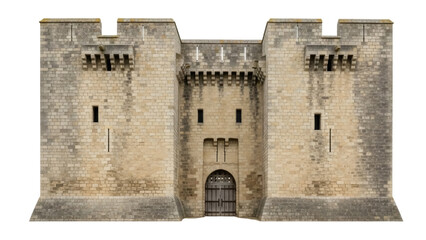 Isolated Medieval castle facade with arched doorway and crenelated towers stands imposingly