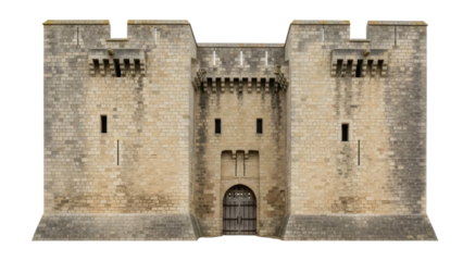 Isolated Medieval castle facade with arched doorway and crenelated towers stands imposingly