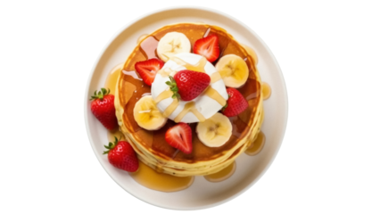 Isolated stack of pancakes with strawberries, bananas, whipped cream, maple syrup, and plate