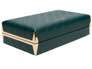 Isolated, close-up of closed rectangular emerald-green gift box with gold accents and diamond pattern