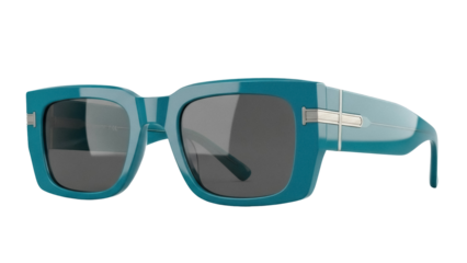 Isolated contemporary eyewear in turquoise color, modern unisex sunglasses with dark lenses