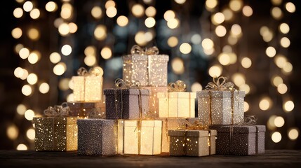 Beautifully Wrapped Holiday Gifts with Sparkling Lights in a Cozy Atmosphere, Perfect for Celebrations and Festive Decor, Inviting Joy and Warmth to Any Gathering