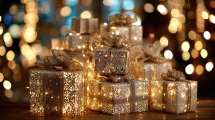 Elegant gift boxes adorned with ribbons and lights creating a warm festive atmosphere for holiday celebrations, birthdays, and special occasions in a beautifully illuminated setting