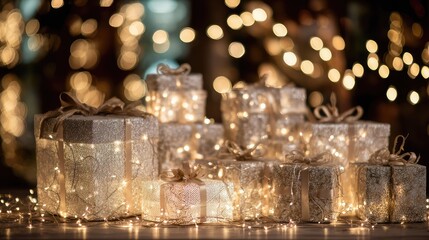 Beautifully wrapped holiday presents with twinkling lights, creating a warm and festive atmosphere for the joyous season of giving and celebration