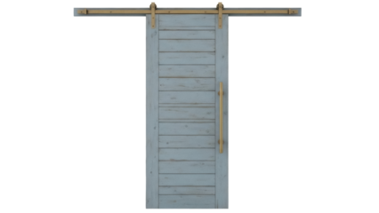 Isolated modern blue sliding barn door with bronze fixtures, farmhouse style, interior design