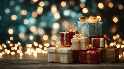 Beautifully Wrapped Presents with Colorful Ribbons and Decorative Bows Surrounded by Soft Twinkling Lights for a Festive Holiday Celebration Atmosphere